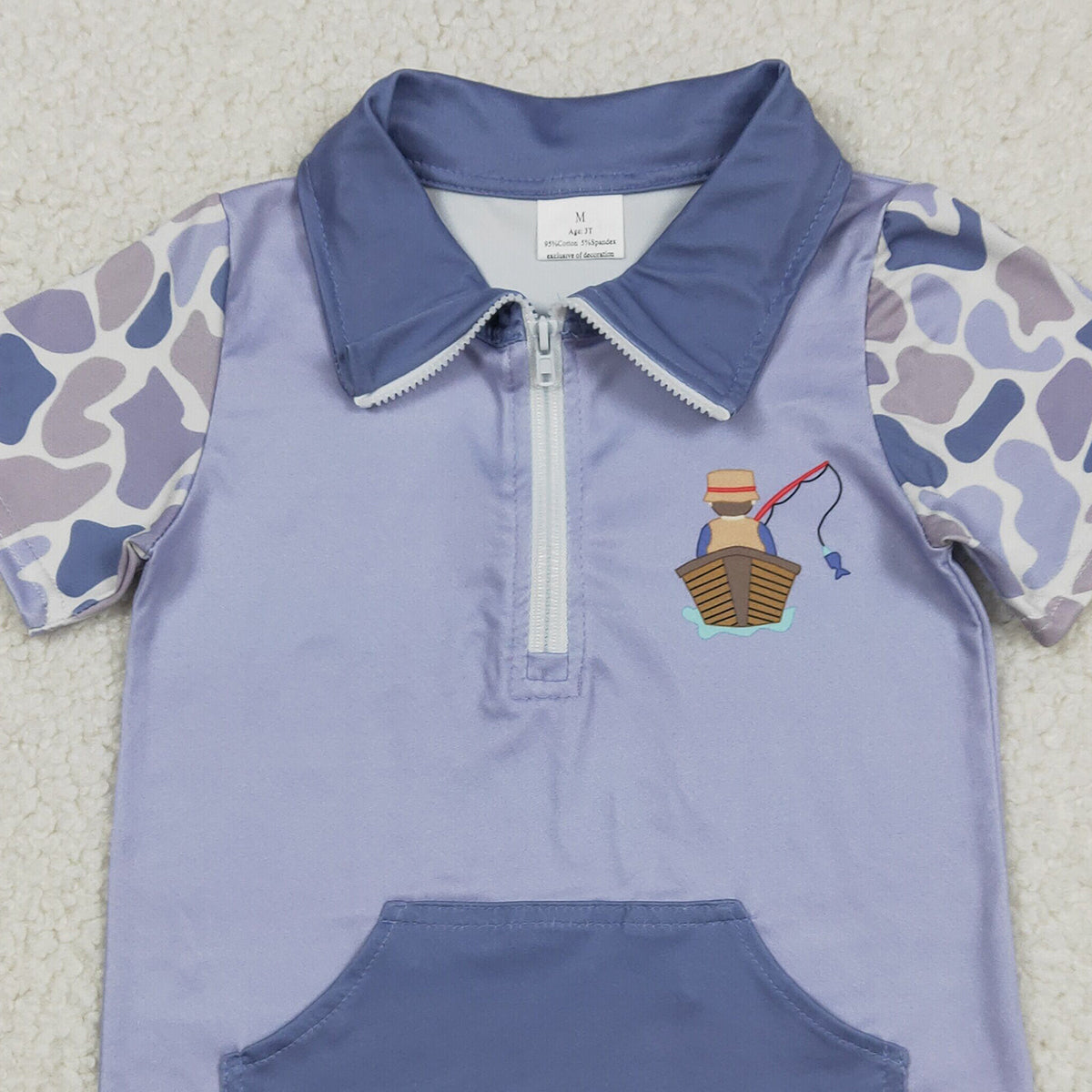 Baby Boys Blue Camo Short Sleeve Pullover Top with Zipper Pockets for Fishing And Hunting