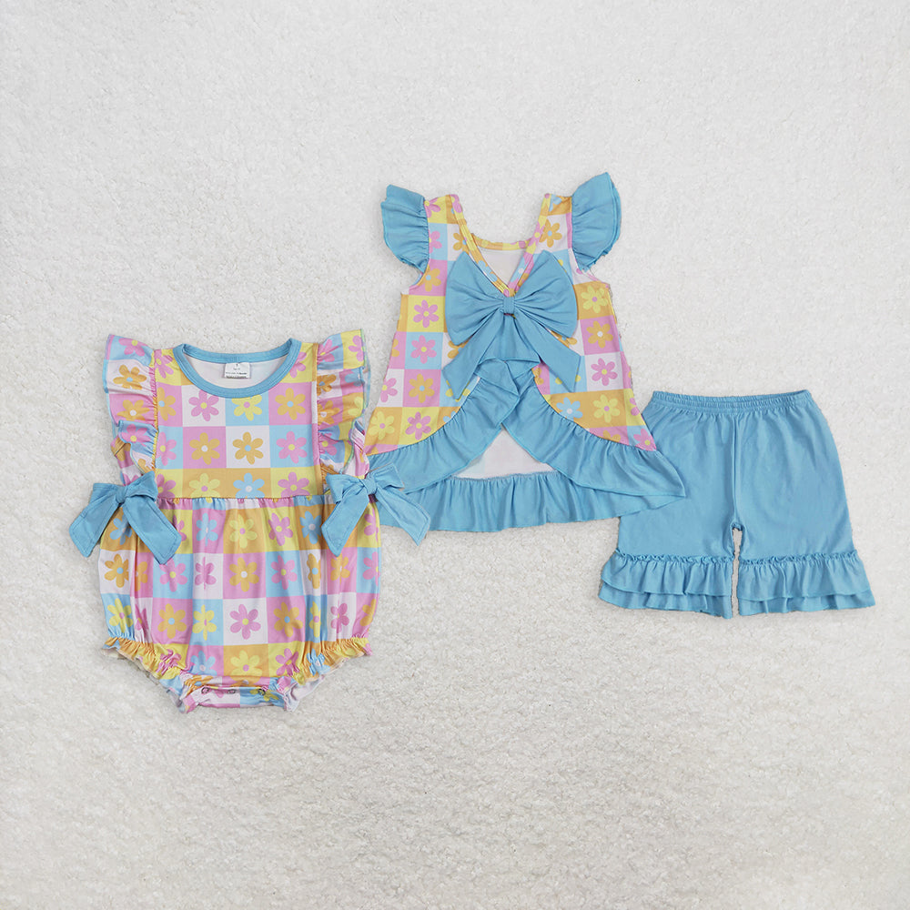 Match Baby Girls Blue Flutter Sleeves Flowers Plaid Tunic Ruffle Shorts Sets Romper D 6.5
