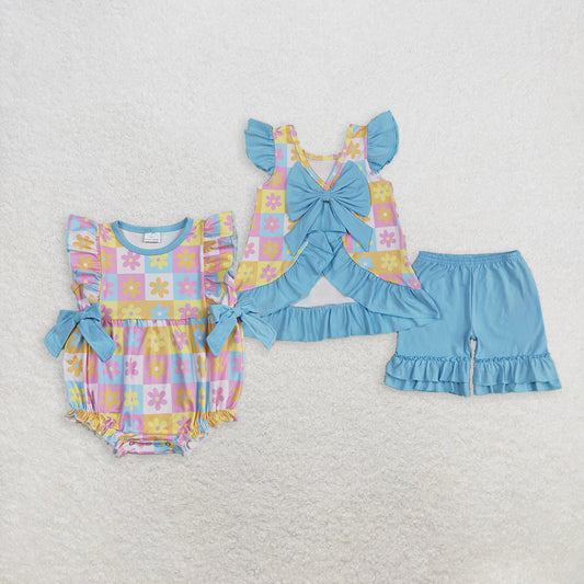 Match Baby Girls Blue Flutter Sleeves Flowers Plaid Tunic Ruffle Shorts Sets Romper D 6.5