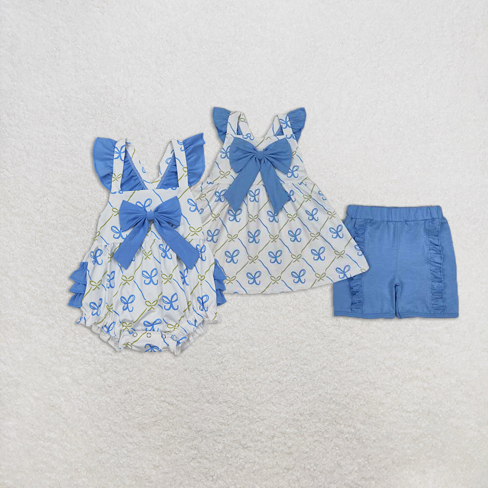 Match Baby Girls Blue Bows Rompers Outfits Sets  D 3.21