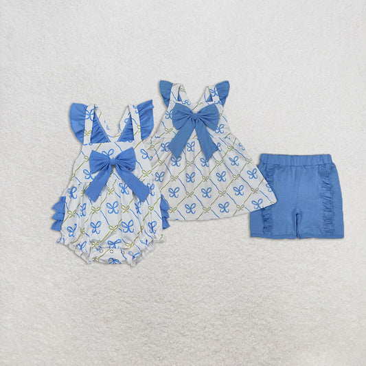 Match Baby Girls Blue Bows Rompers Outfits Sets  D 3.21