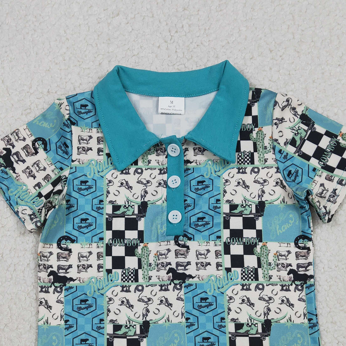 RTS NO MOQ（In Stock) BT1631 Rodeo Letter Cactus Riding Pedal Plaid Button Neck Short-Sleeve Top