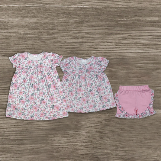 Match Baby Girls Pink Flowers Leaves Tunic Top Ruffle Shorts Clothes Sets Dress D 3.13
