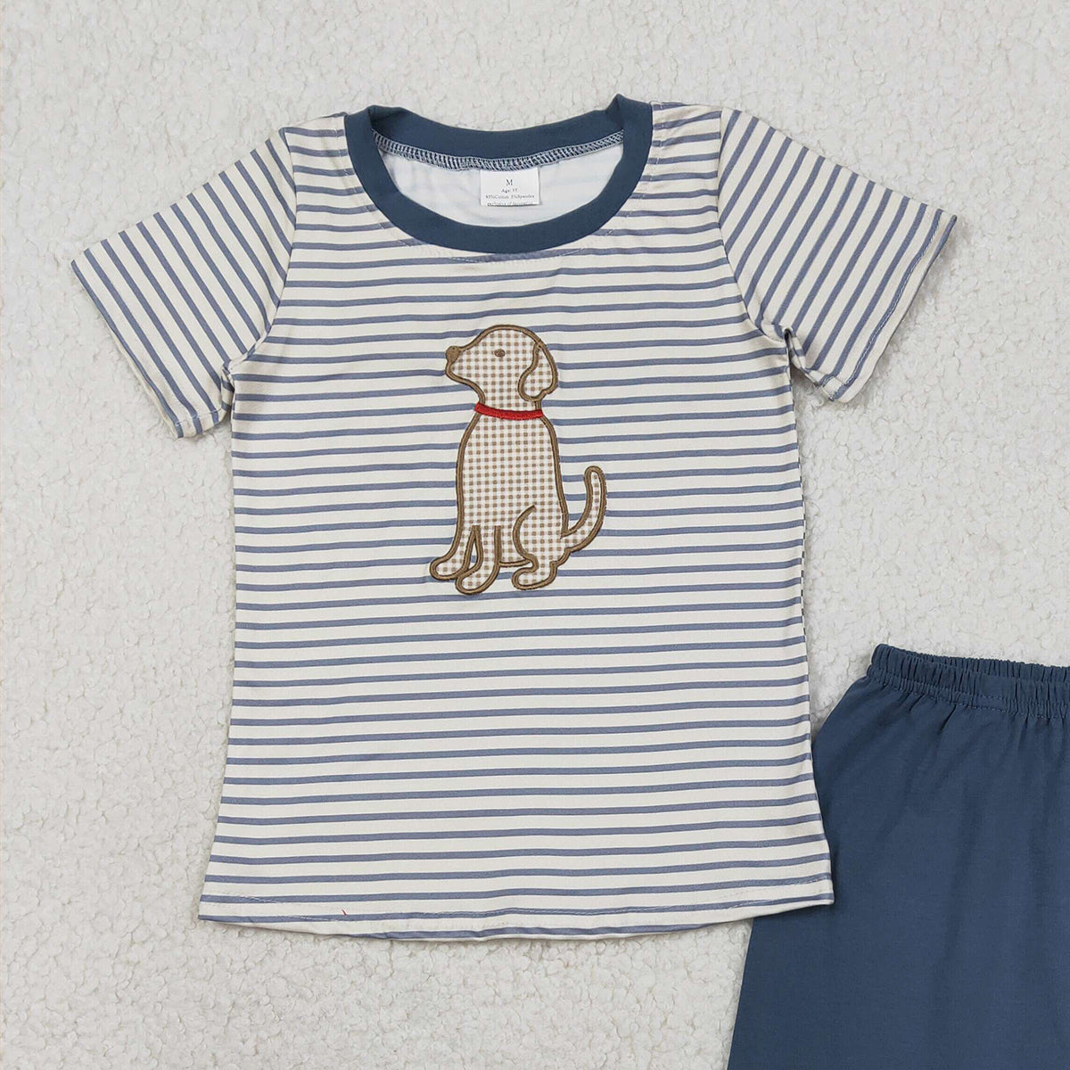 RTS NO MOQ（In Stock) BSSO1745 Embroidered Puppy Blue Striped Short-Sleeve and Shorts Set