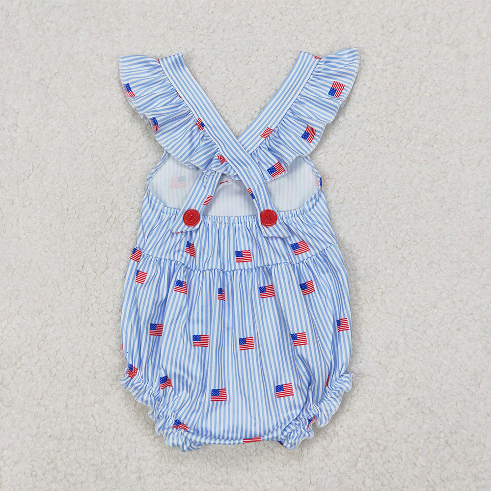 SR2921  Baby Infant Girls Blue Stripe Flutter Sleeves Flags Bow Top 4th Of July Rompers D 3.26