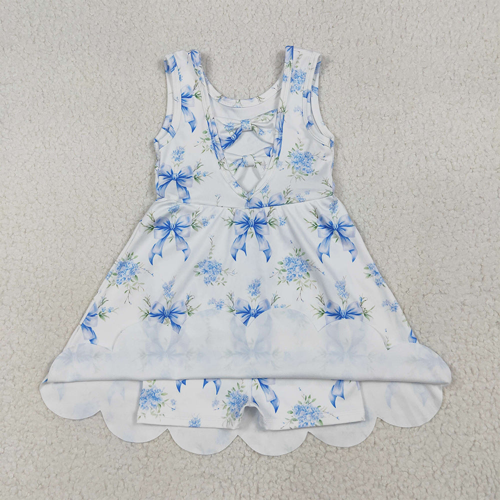 GSD2587  Baby Girls Blue Bows Floral Activity Wear Yoga Short Skort Knee Length Dresses  D 5.23