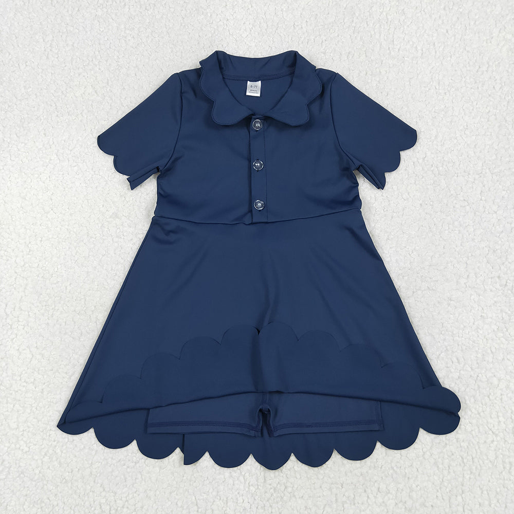 GSD2487 Baby Girls Navy Short Sleeves Button Yoga Knee Length Dresses  D 6.21