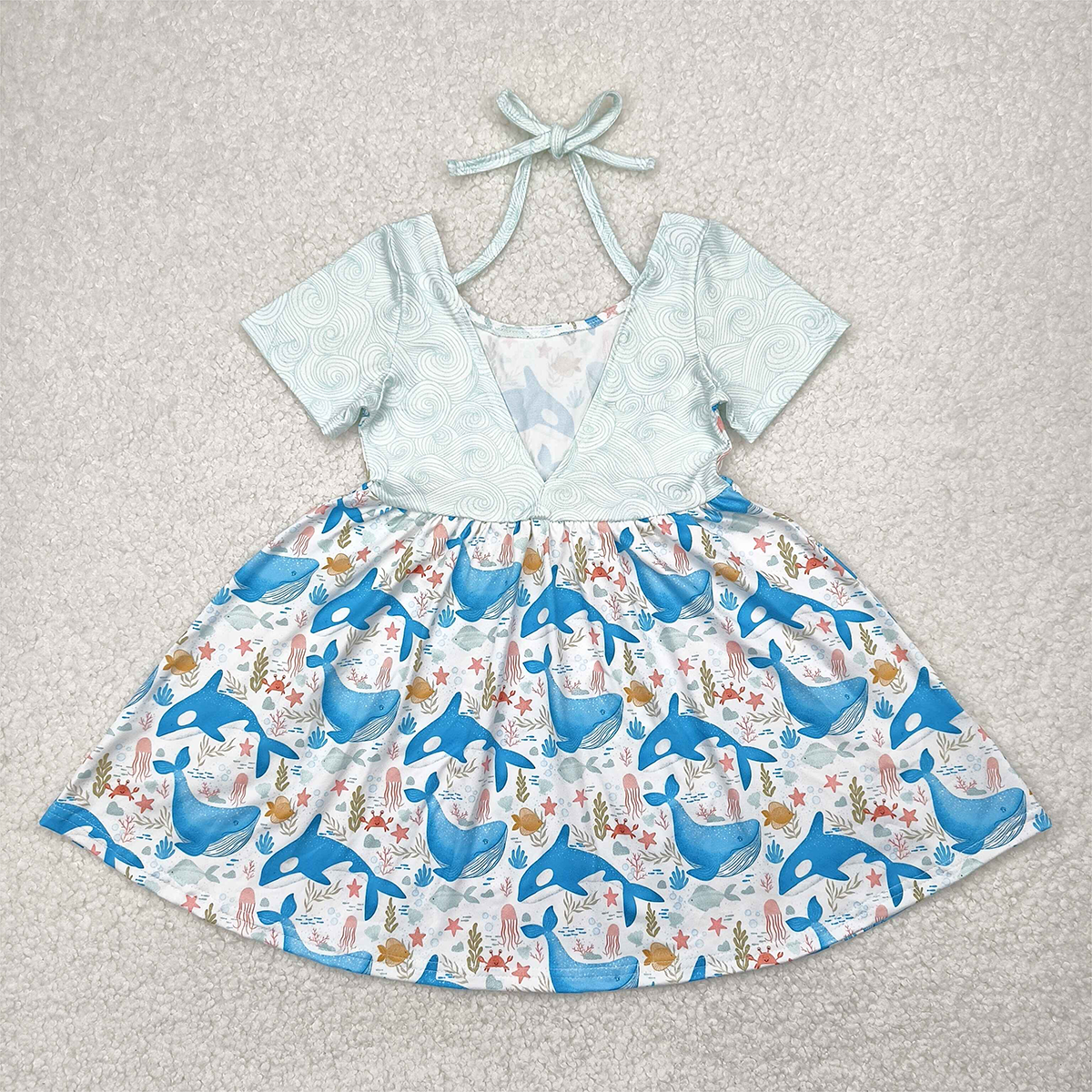 GSD2011  Baby Girls Blue Whale Short Sleeve Knee Length Dresses  D 4.2