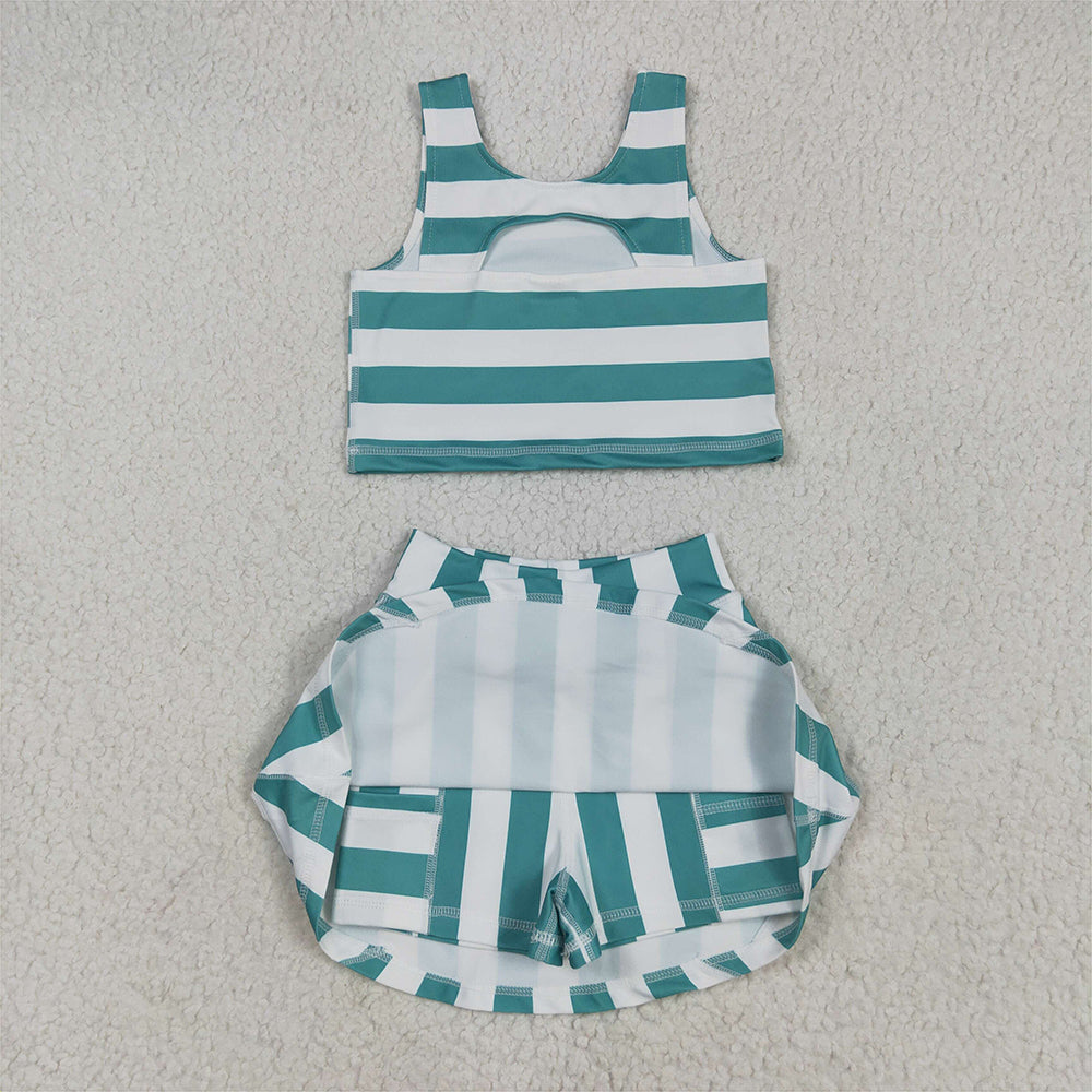 GSD2432  Baby Girls Sleeveless Green Stripe Top Skort Yoga Set D 4.8