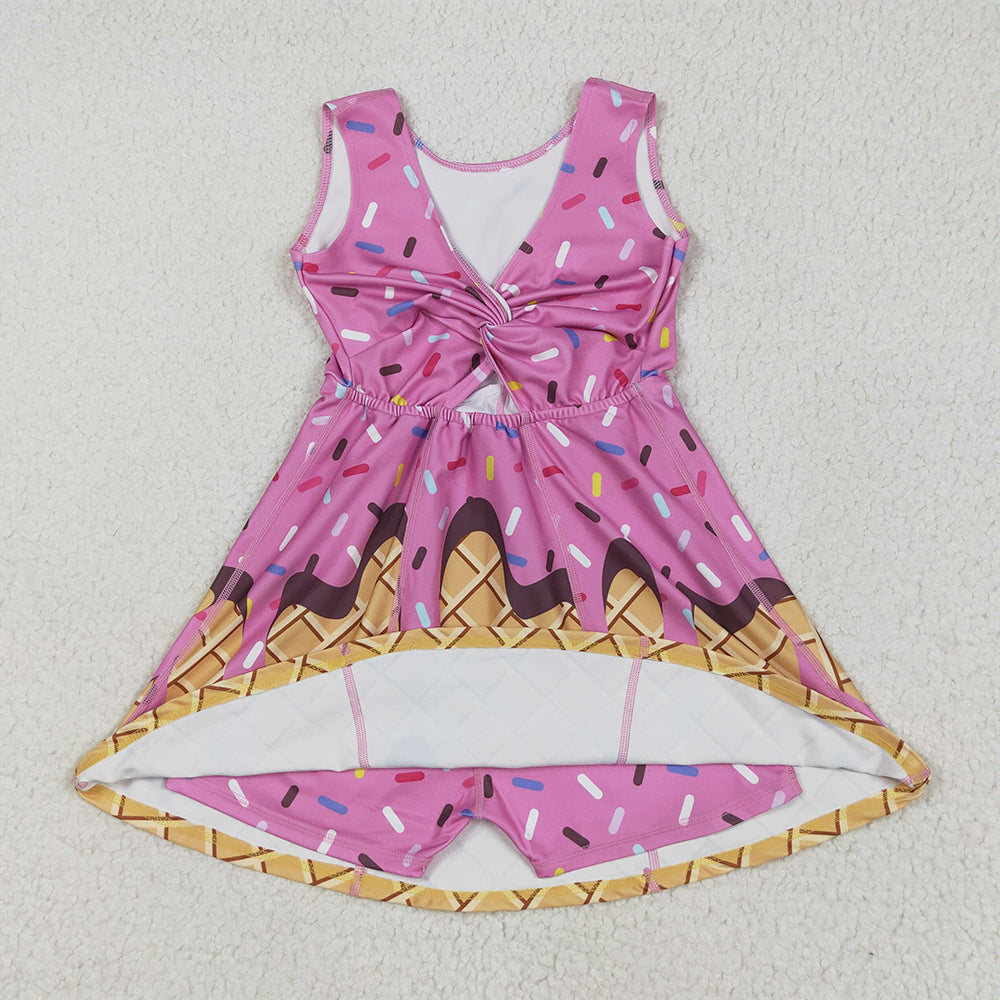 GSD2413  Baby Girls Hot Pink Ice-cream Drip Yoga Skort Knee Length Dresses