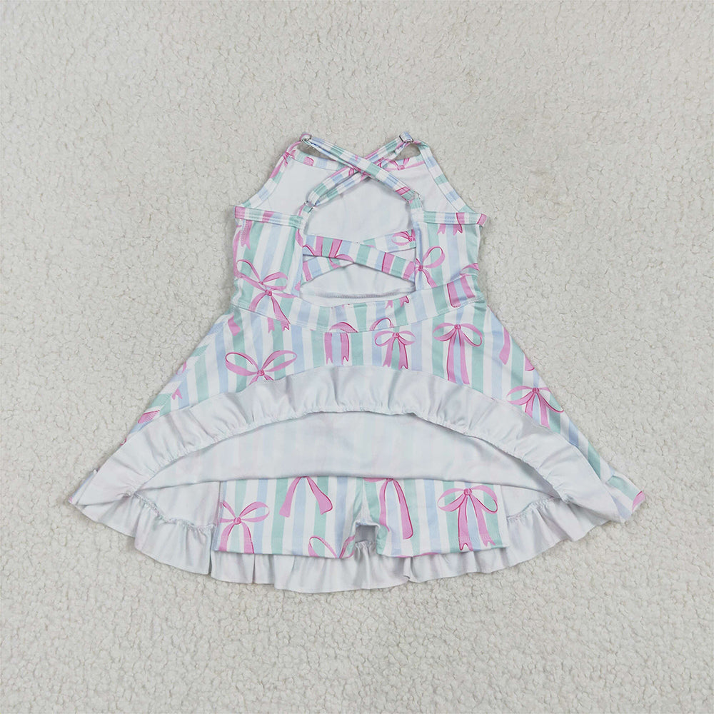GSD2297   Baby Girls Strap Green Bow Stripe Pink Bows Yoga Ruffle Knee Length Dresses D 4.3