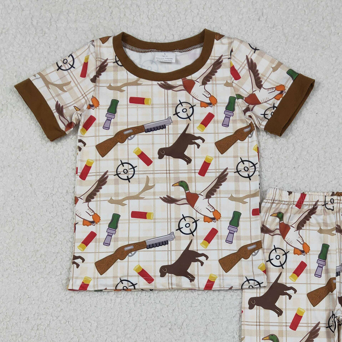 Baby Boys Khaki Checked Hunting Pajamas Set with Dogs And Ducks Design Top And Pants Matching Sleepwear for Infants