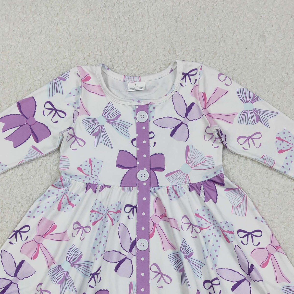 Baby Girls Knee-Length Ruffle Dress Purple Bows Button Detail Cute Infant Girl Outfit