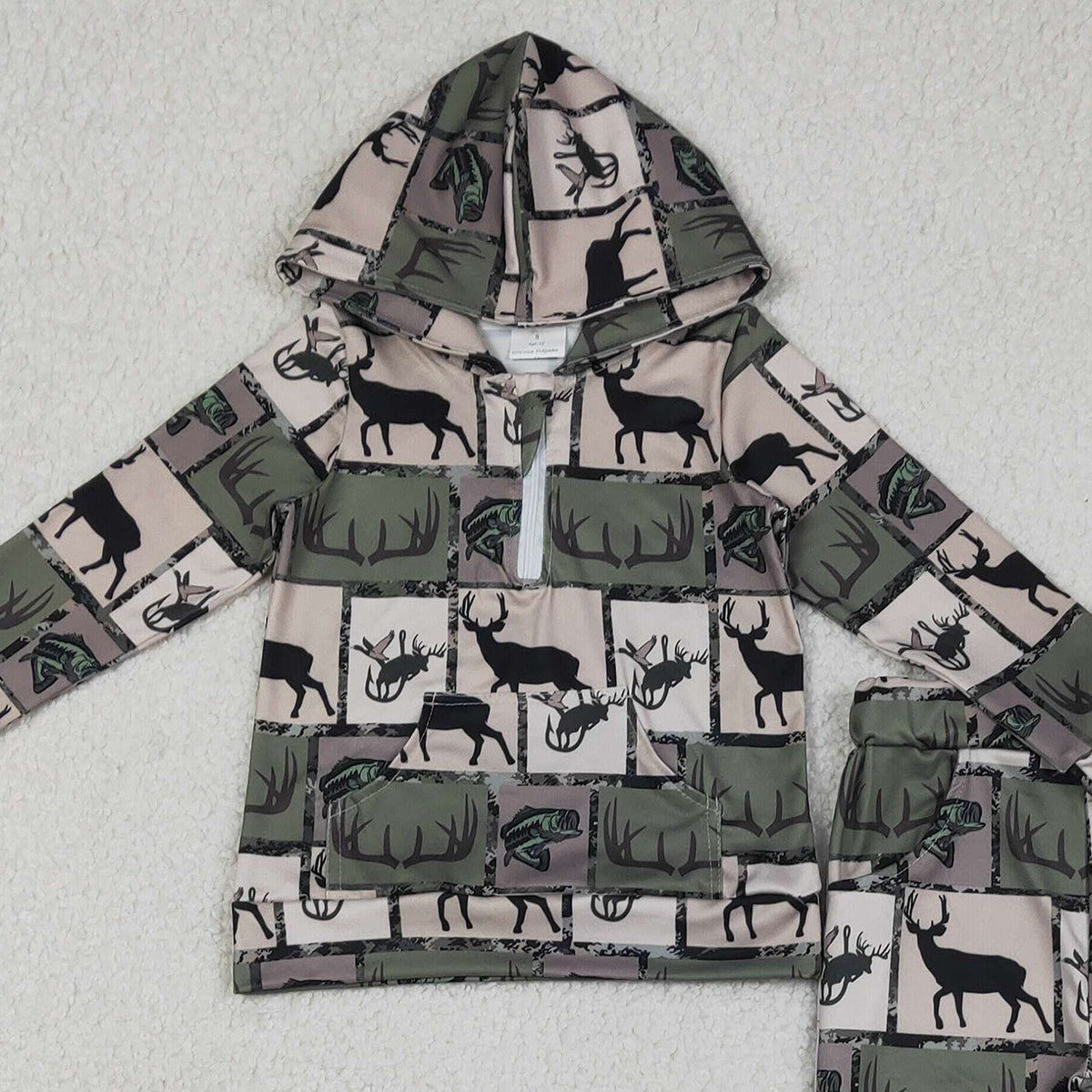 Baby Boys Checked Hoodie And Pants Set with Zip Pockets Deer & Fishes Print Hunting Theme Clothing for Babies