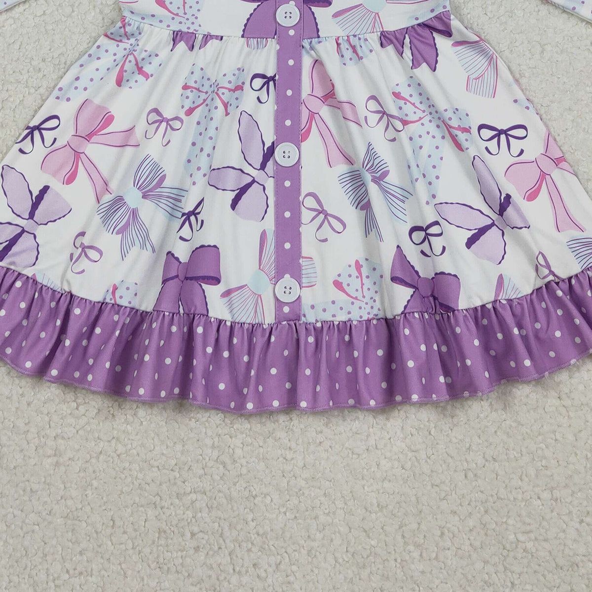 Baby Girls Knee-Length Ruffle Dress Purple Bows Button Detail Cute Infant Girl Outfit