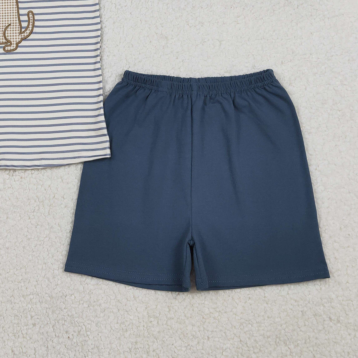 RTS NO MOQ（In Stock) BSSO1745 Embroidered Puppy Blue Striped Short-Sleeve and Shorts Set
