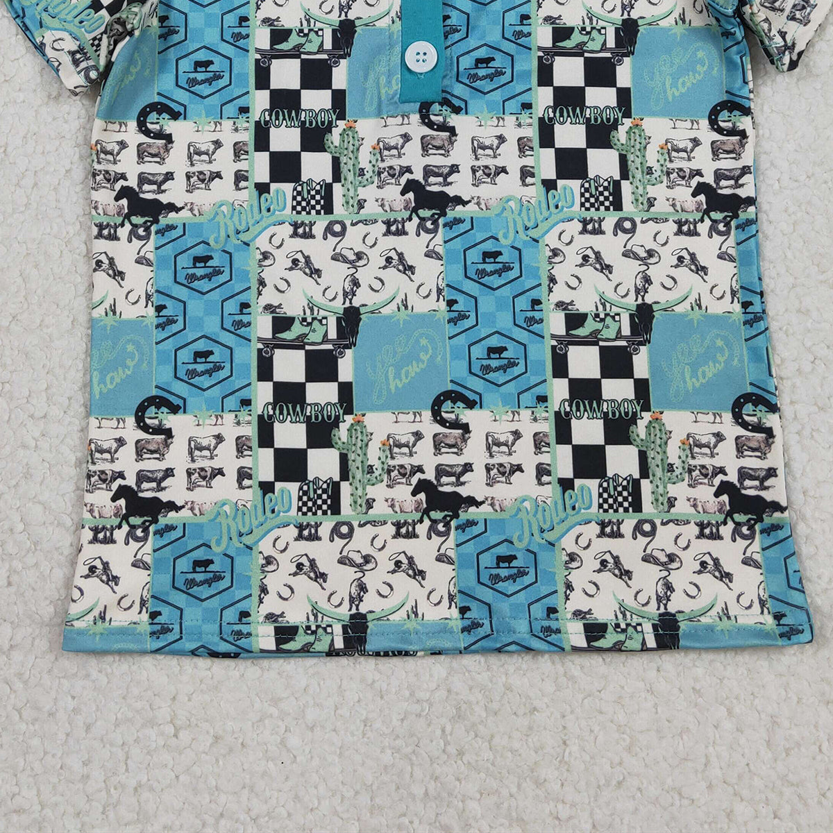 RTS NO MOQ（In Stock) BT1631 Rodeo Letter Cactus Riding Pedal Plaid Button Neck Short-Sleeve Top