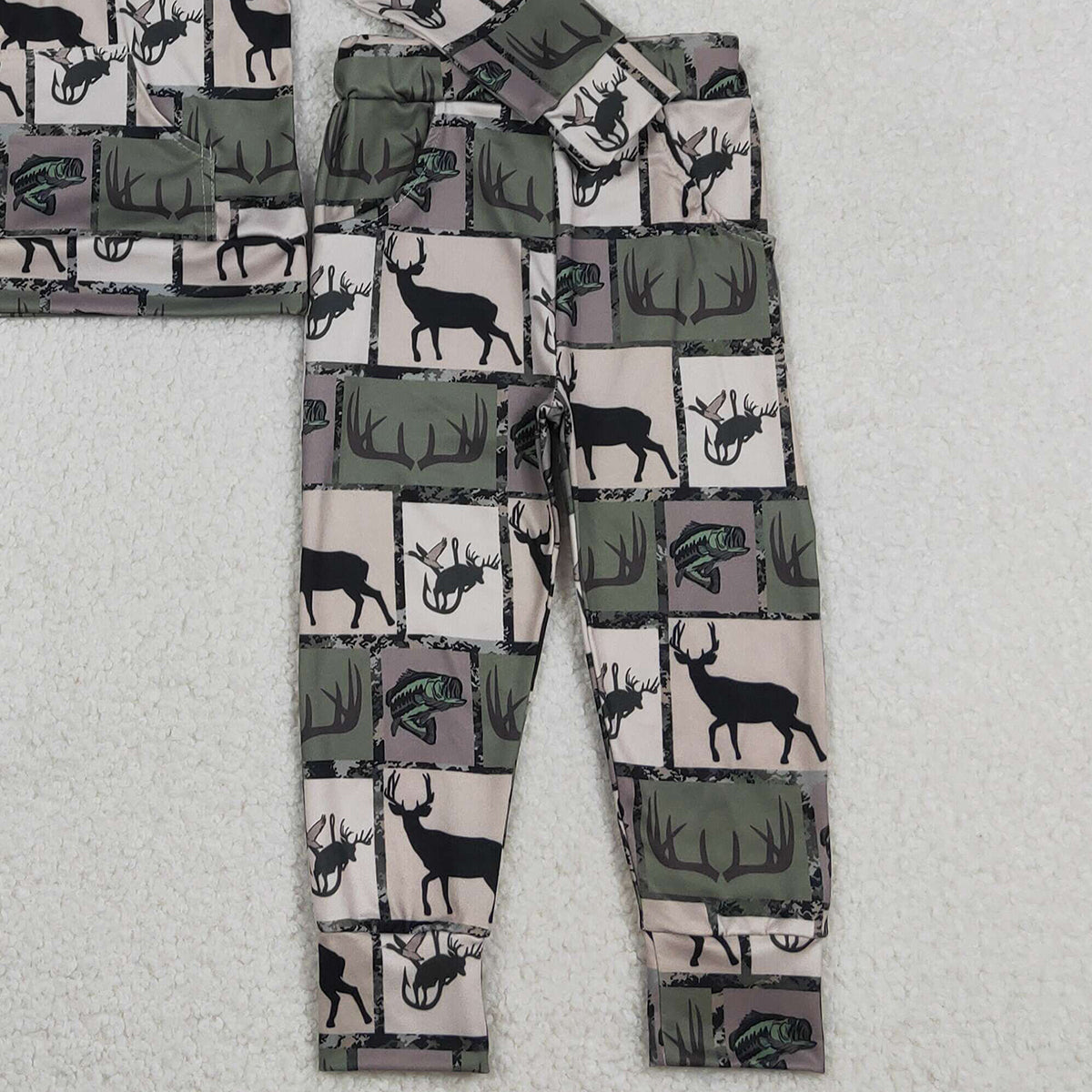 Baby Boys Checked Hoodie And Pants Set with Zip Pockets Deer & Fishes Print Hunting Theme Clothing for Babies