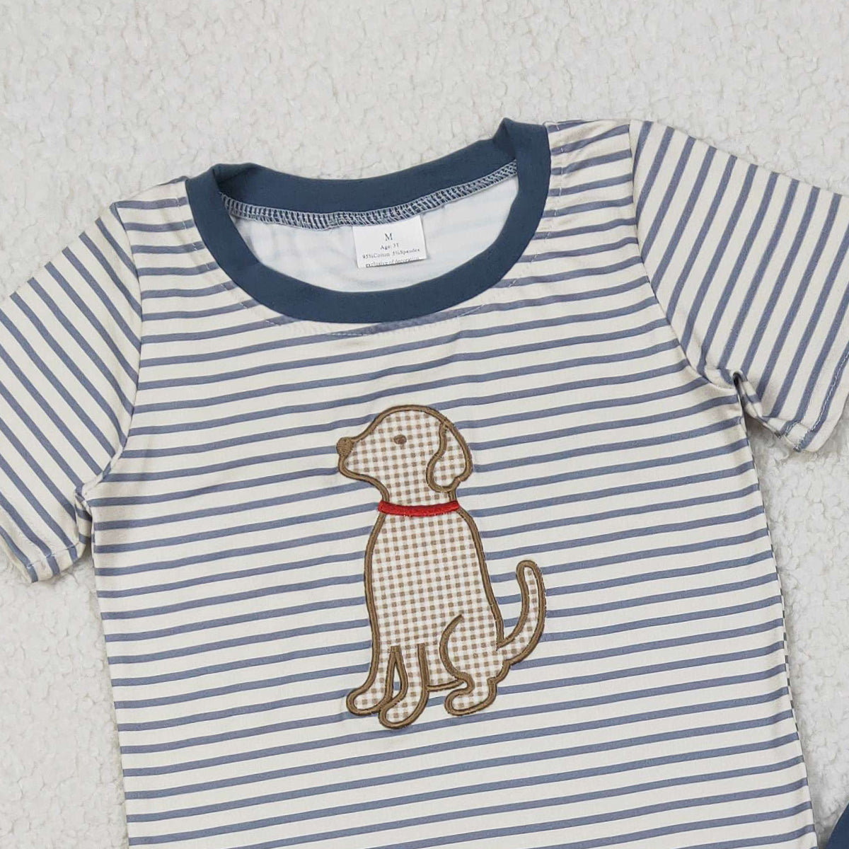 RTS NO MOQ（In Stock) BSSO1745 Embroidered Puppy Blue Striped Short-Sleeve and Shorts Set