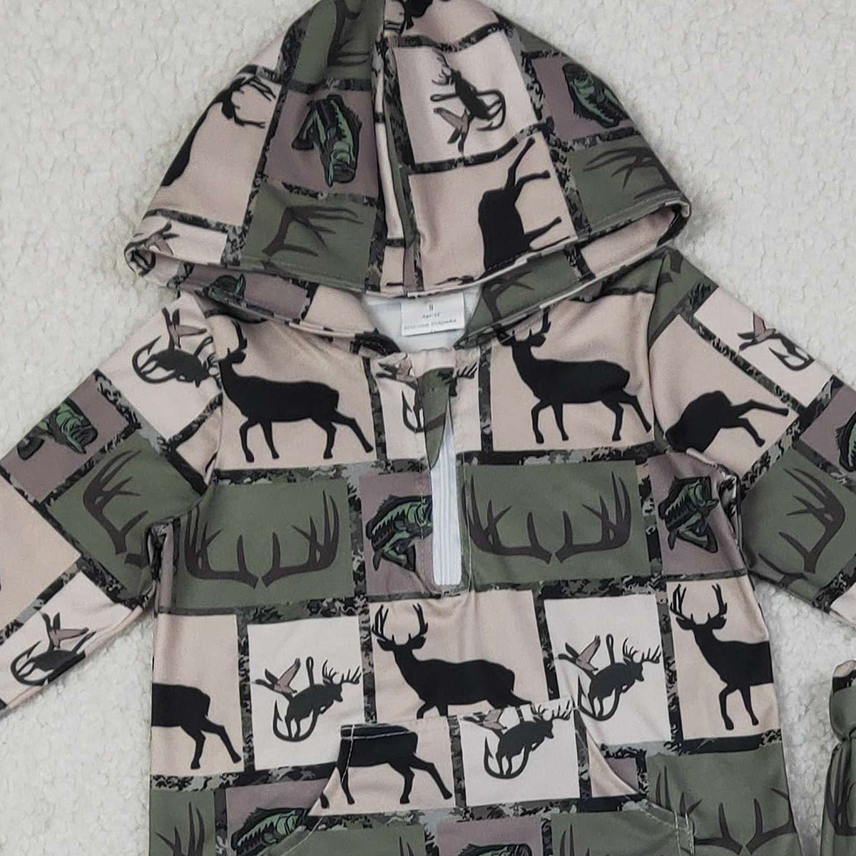 Baby Boys Checked Hoodie And Pants Set with Zip Pockets Deer & Fishes Print Hunting Theme Clothing for Babies