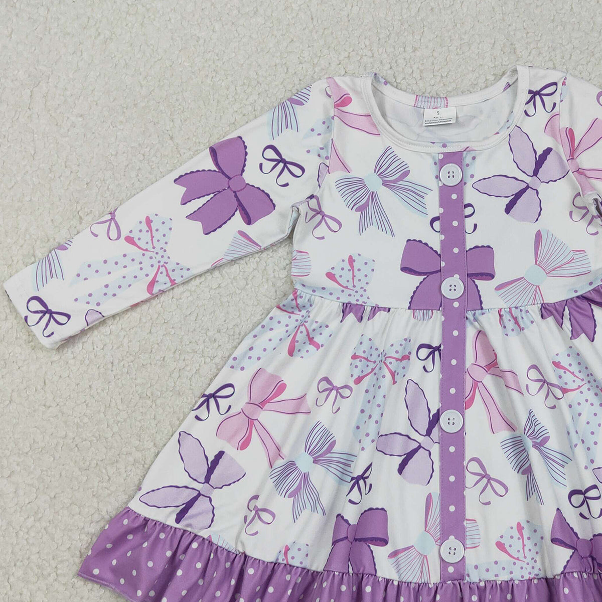 Baby Girls Knee-Length Ruffle Dress Purple Bows Button Detail Cute Infant Girl Outfit