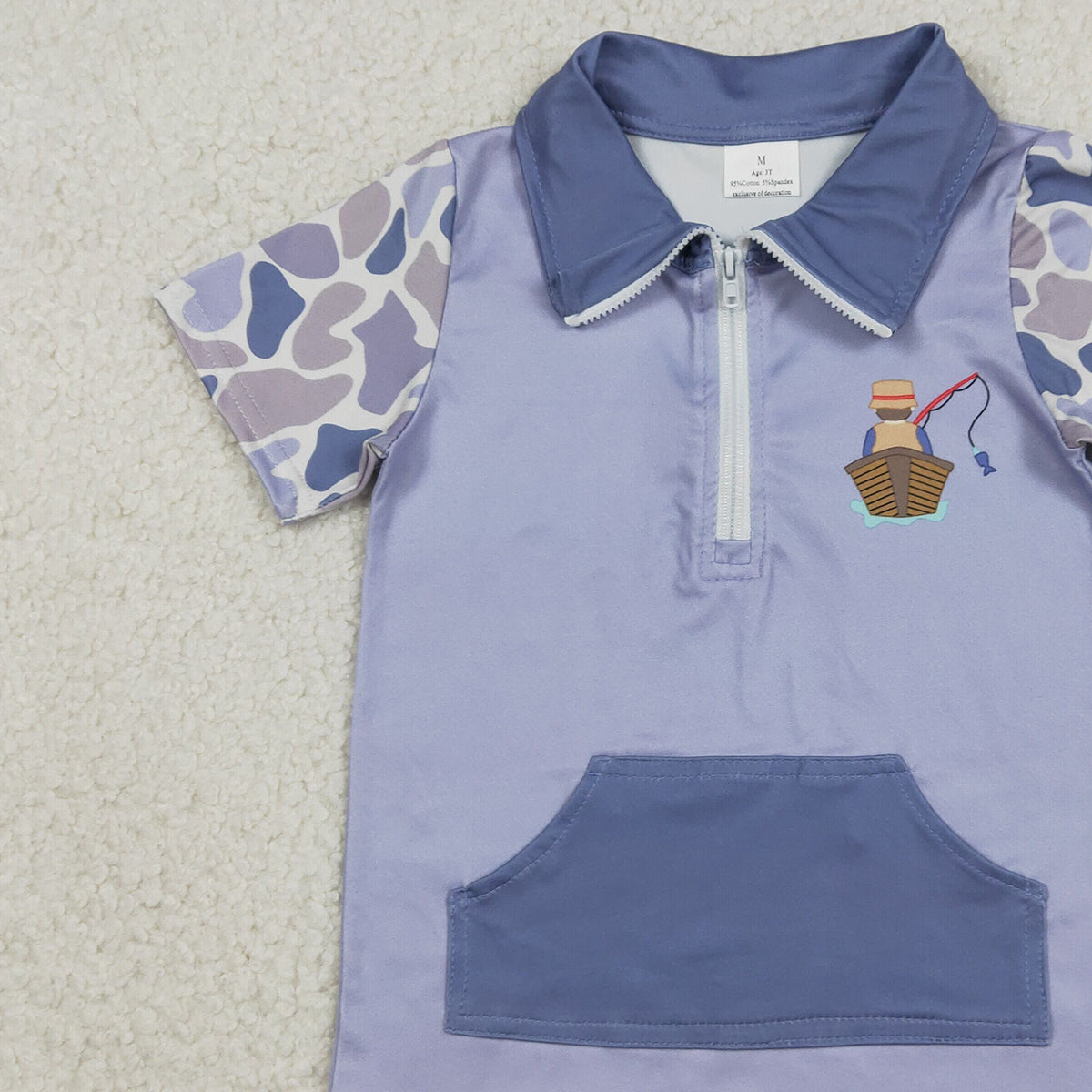 Baby Boys Blue Camo Short Sleeve Pullover Top with Zipper Pockets for Fishing And Hunting