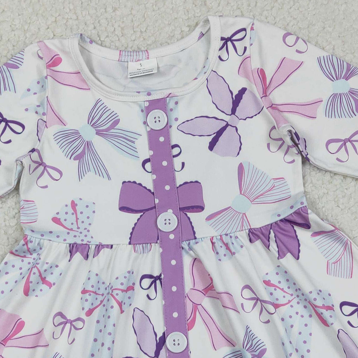 Baby Girls Knee-Length Ruffle Dress Purple Bows Button Detail Cute Infant Girl Outfit