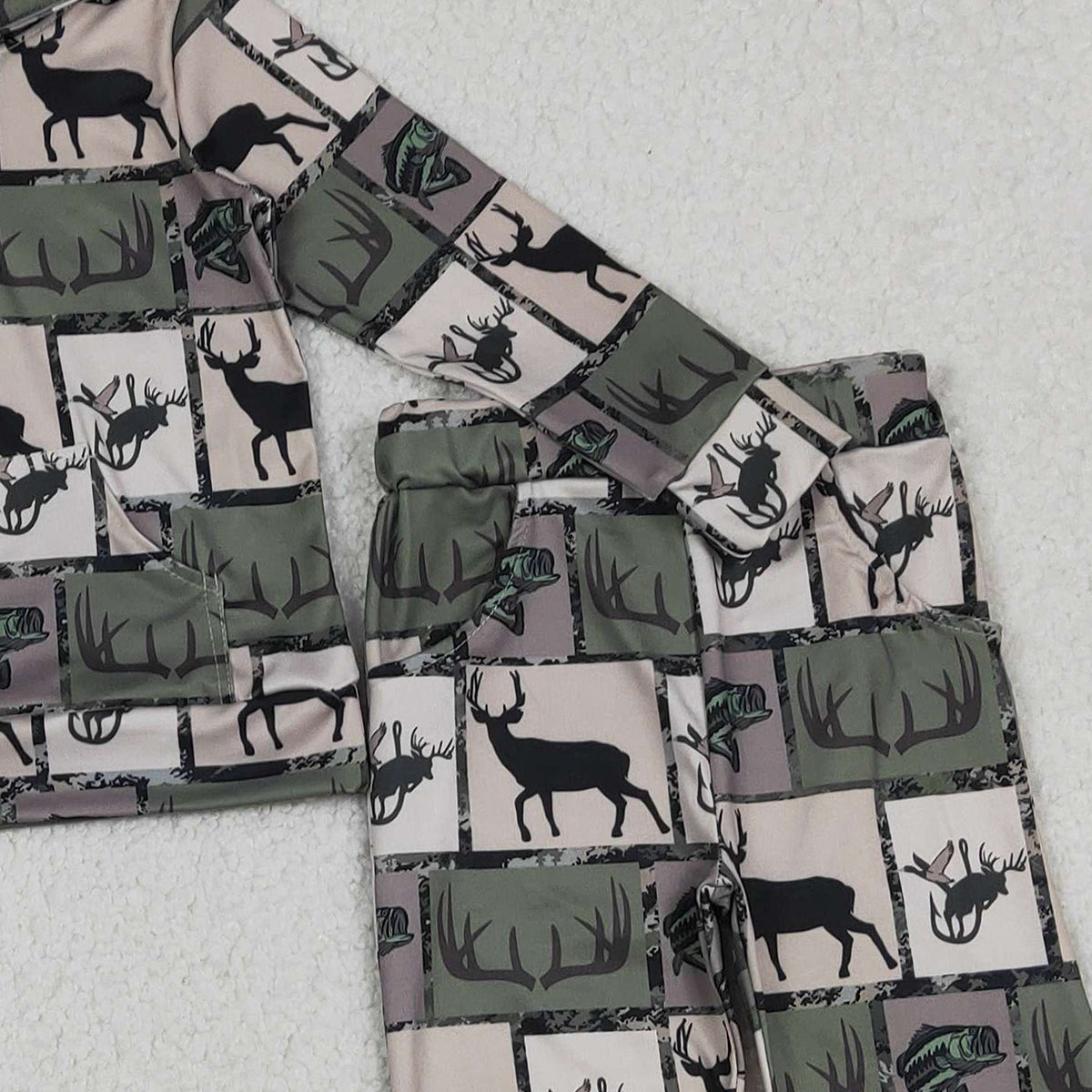 Baby Boys Checked Hoodie And Pants Set with Zip Pockets Deer & Fishes Print Hunting Theme Clothing for Babies