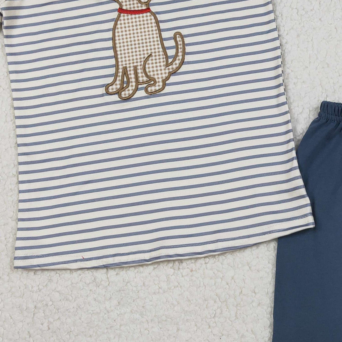 RTS NO MOQ（In Stock) BSSO1745 Embroidered Puppy Blue Striped Short-Sleeve and Shorts Set