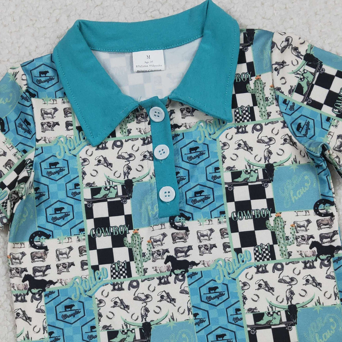 RTS NO MOQ（In Stock) BT1631 Rodeo Letter Cactus Riding Pedal Plaid Button Neck Short-Sleeve Top