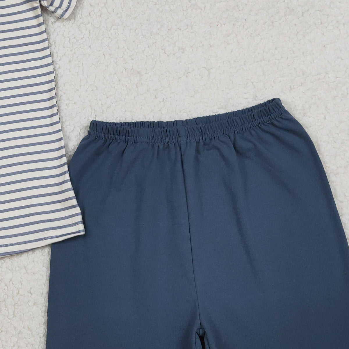 RTS NO MOQ（In Stock) BSSO1745 Embroidered Puppy Blue Striped Short-Sleeve and Shorts Set