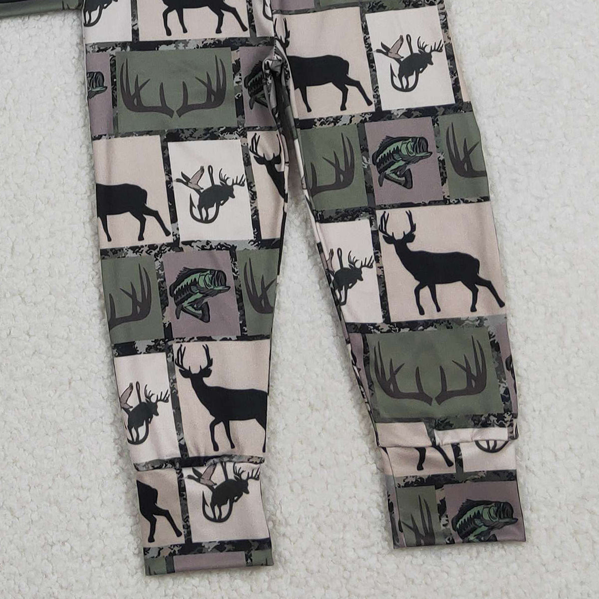 Baby Boys Checked Hoodie And Pants Set with Zip Pockets Deer & Fishes Print Hunting Theme Clothing for Babies