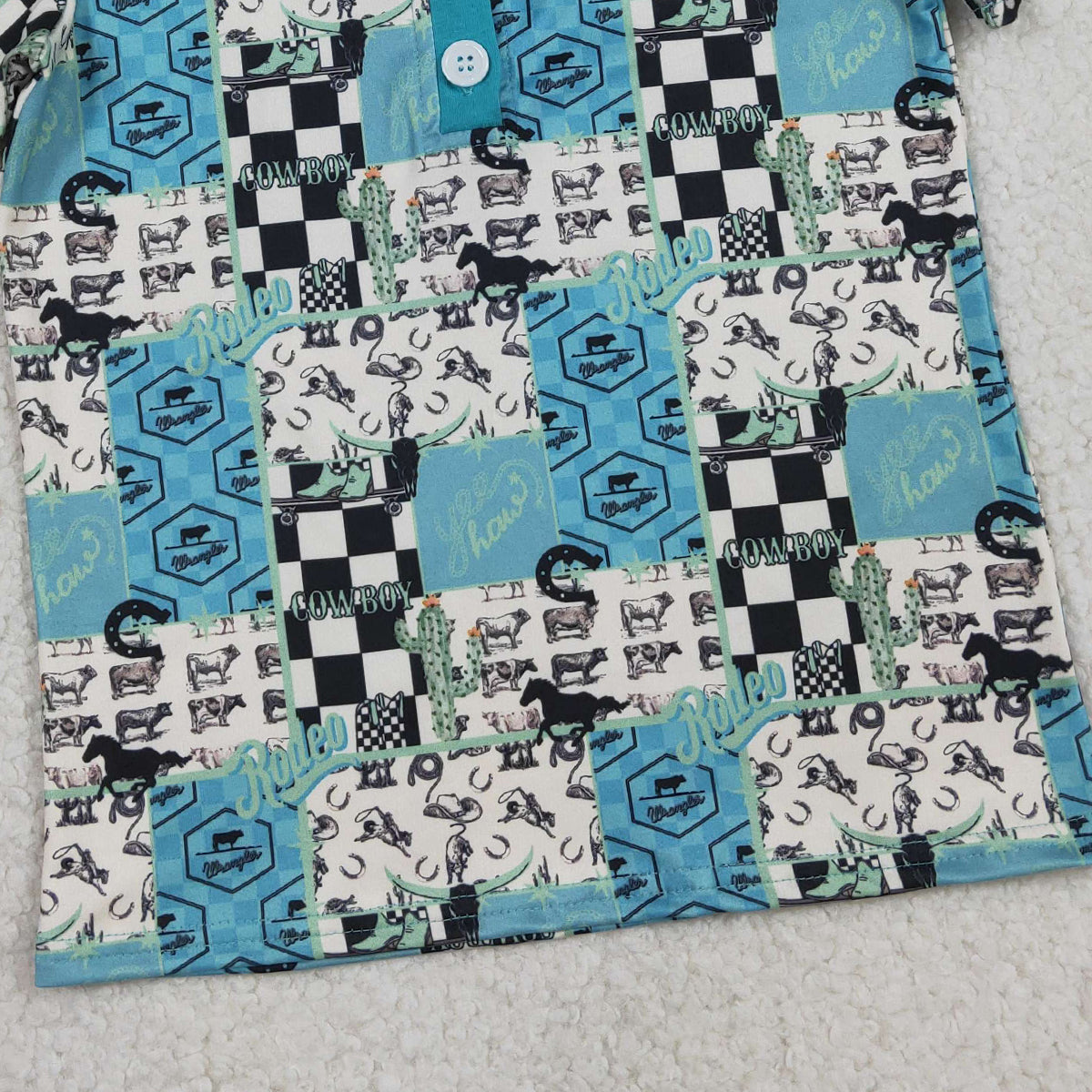 RTS NO MOQ（In Stock) BT1631 Rodeo Letter Cactus Riding Pedal Plaid Button Neck Short-Sleeve Top