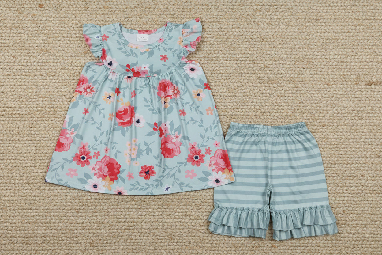 flutter sleeve flower shorts set summer toddler girl clothing