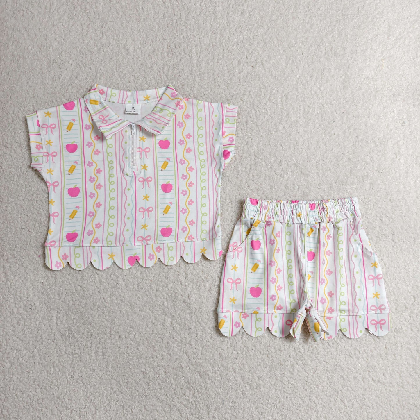pencil and apple zipper scallop shorts set for back to school