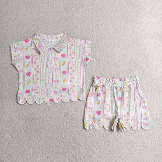 pencil and apple zipper scallop shorts set for back to school