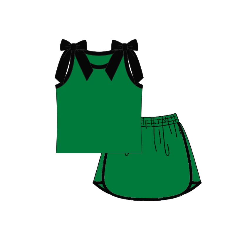 Custom order MOQ 3 Baby Girls Green Black Bow Skort Clothes Sets