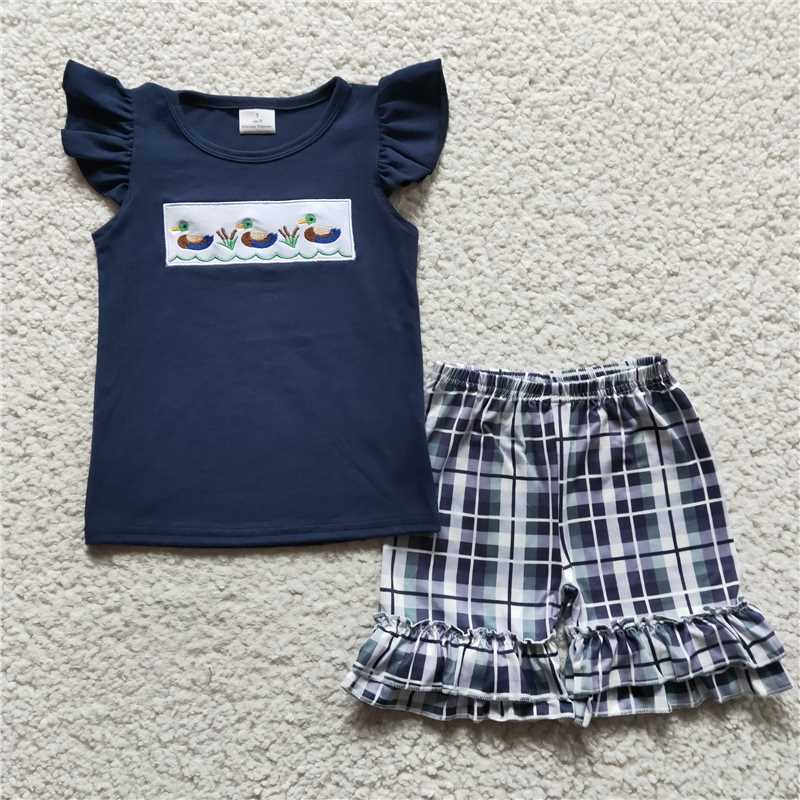 GSSO0156 Girls Embroidered Rice Duck Navy Blue Flying Sleeve Shorts Set