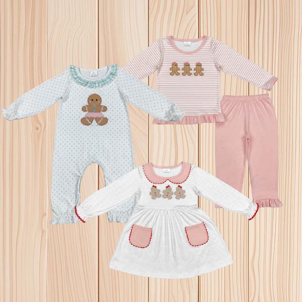 Sibling Baby Girls Embroidery Gingerbread Christmas Knee Length Dress Footie Rompers Clothes Sets   D 919