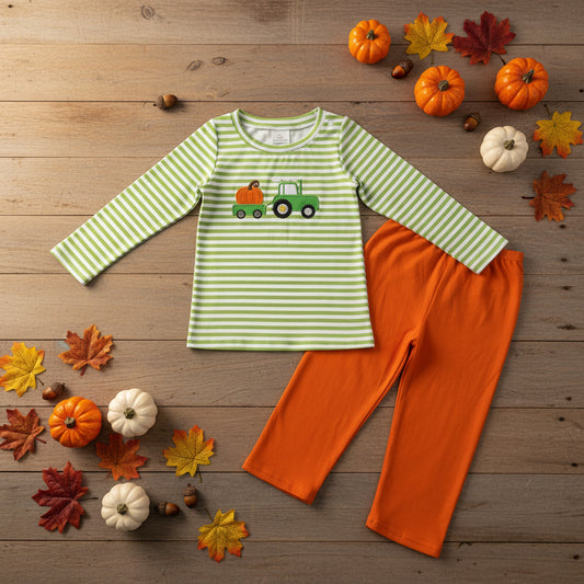 embroidery pumpkin tractor shirt pants set boy outfit