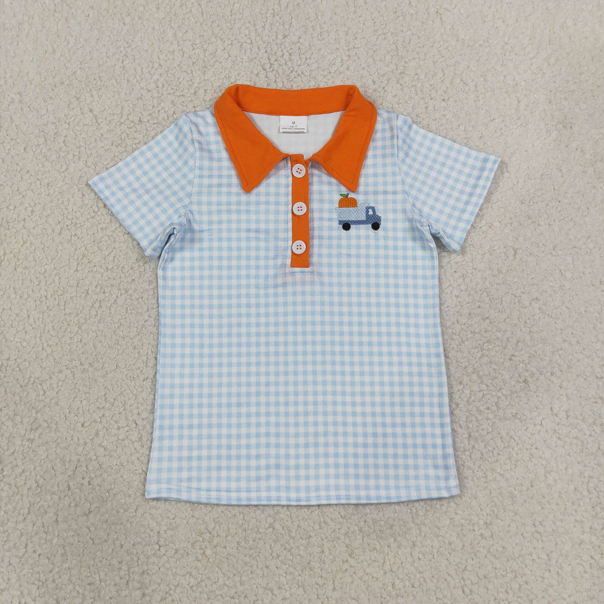 blue gingham pumpkin truck embroidery boys polo