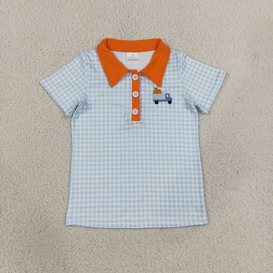 blue gingham pumpkin truck embroidery boys polo