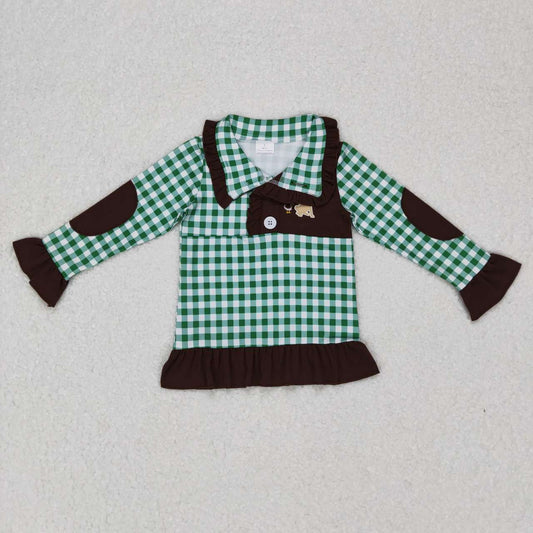 GT0284 Embroidery Mallard Puppy Green White Plaid Brown Lace Long Sleeve Top