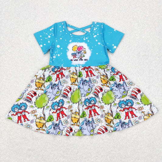 GSD0495  cartoon elephant blue and white short-sleeved dress