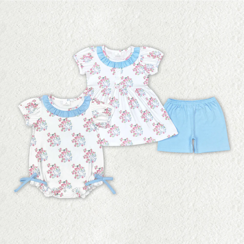 Match Baby Girls Bird House Sibling Rompers Clothes Sets