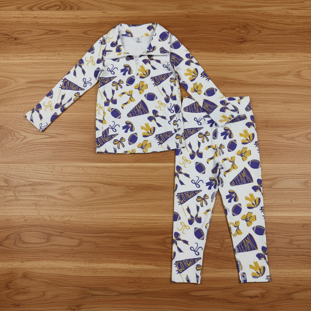 go team fight win football purple bows zipper two piece activewear