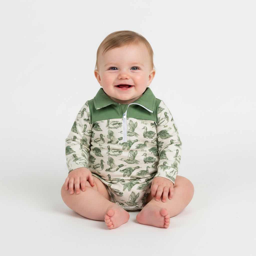 green long sleeve duck print zip up romper