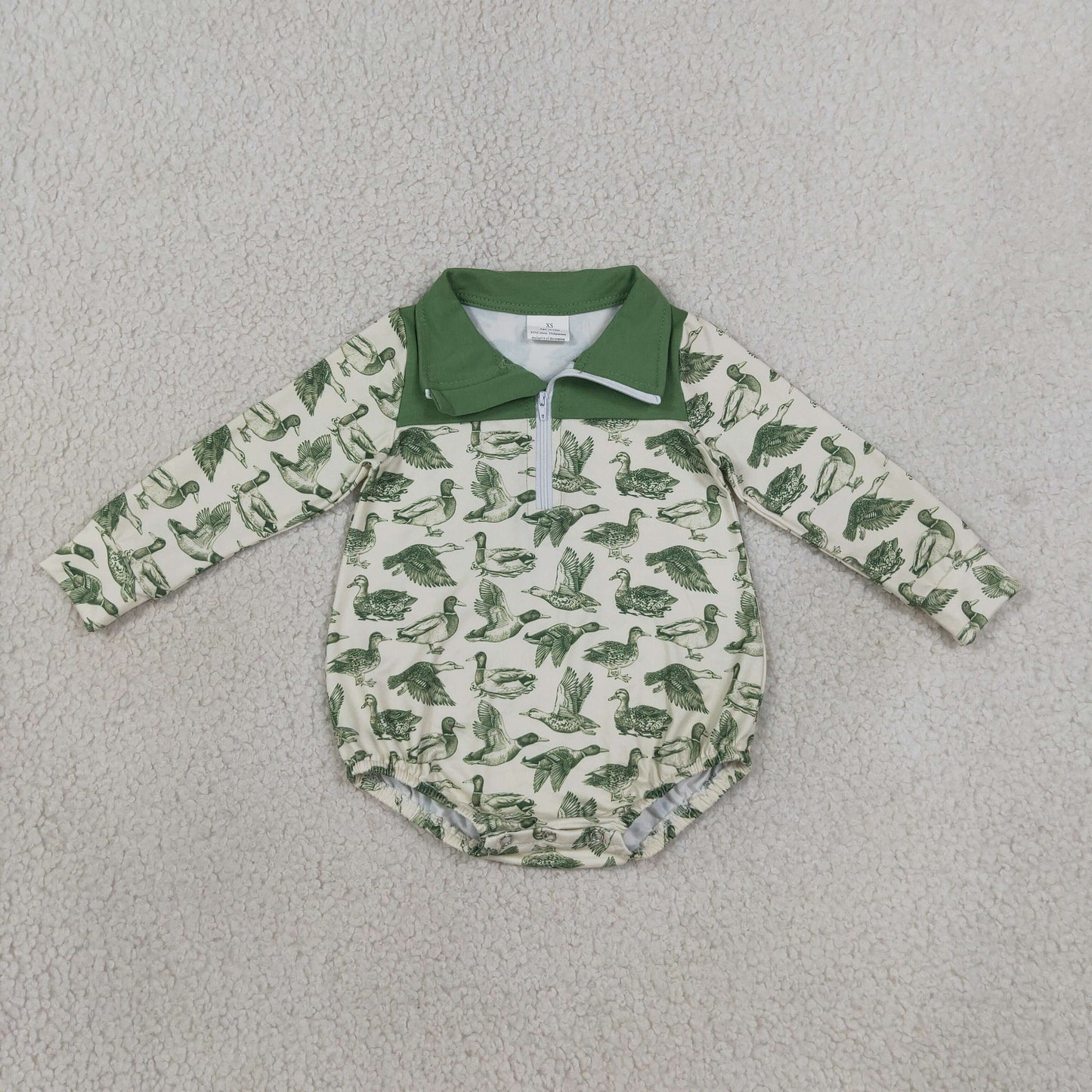 green long sleeve duck print zip up romper