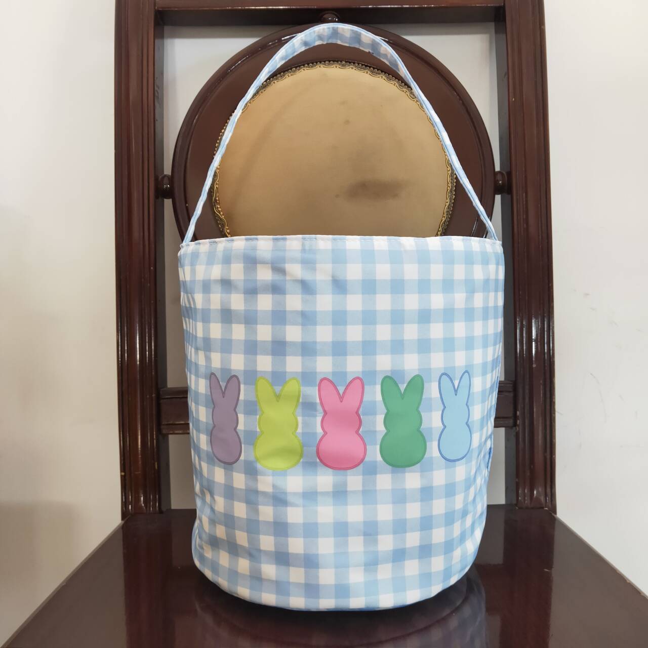 BA0161 Colorful rabbit blue and white plaid bucket bag