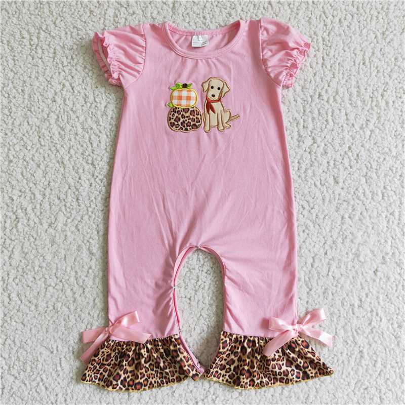 SR0068 Girls Embroidered Leopard Pumpkin Dog Pink Short Sleeve Jumpsuit